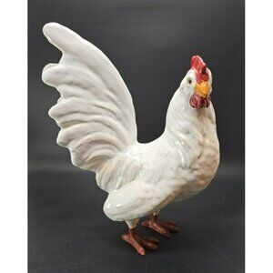 Vintage White Ceramic Rooster Figurine Farmhouse Metal Feet Collectible CM2200